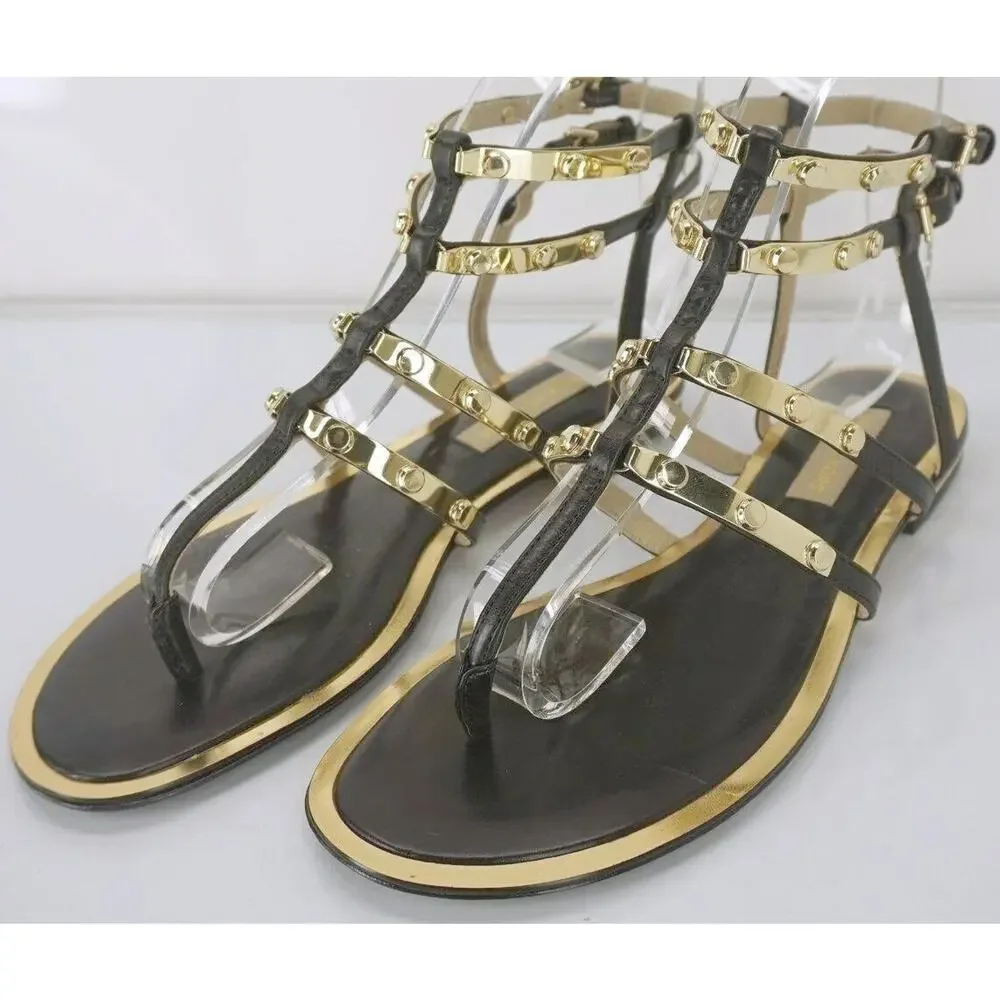 Michael Kors Hollie Studded Ankle Strappy Caged Thong Sandal SZ 6.5 Gold $350